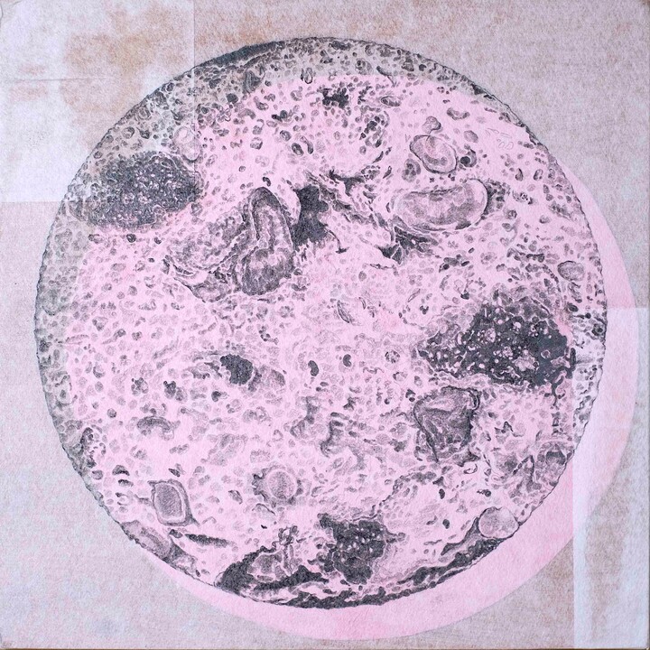 Broodmaan 3, 200 x 200 mm, 2025, potlood, moerbeiboompapier, roze printpapier, hout, behangerslijm.