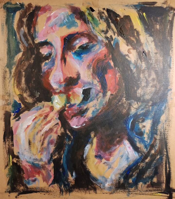 Manger des pommes_portret op karton